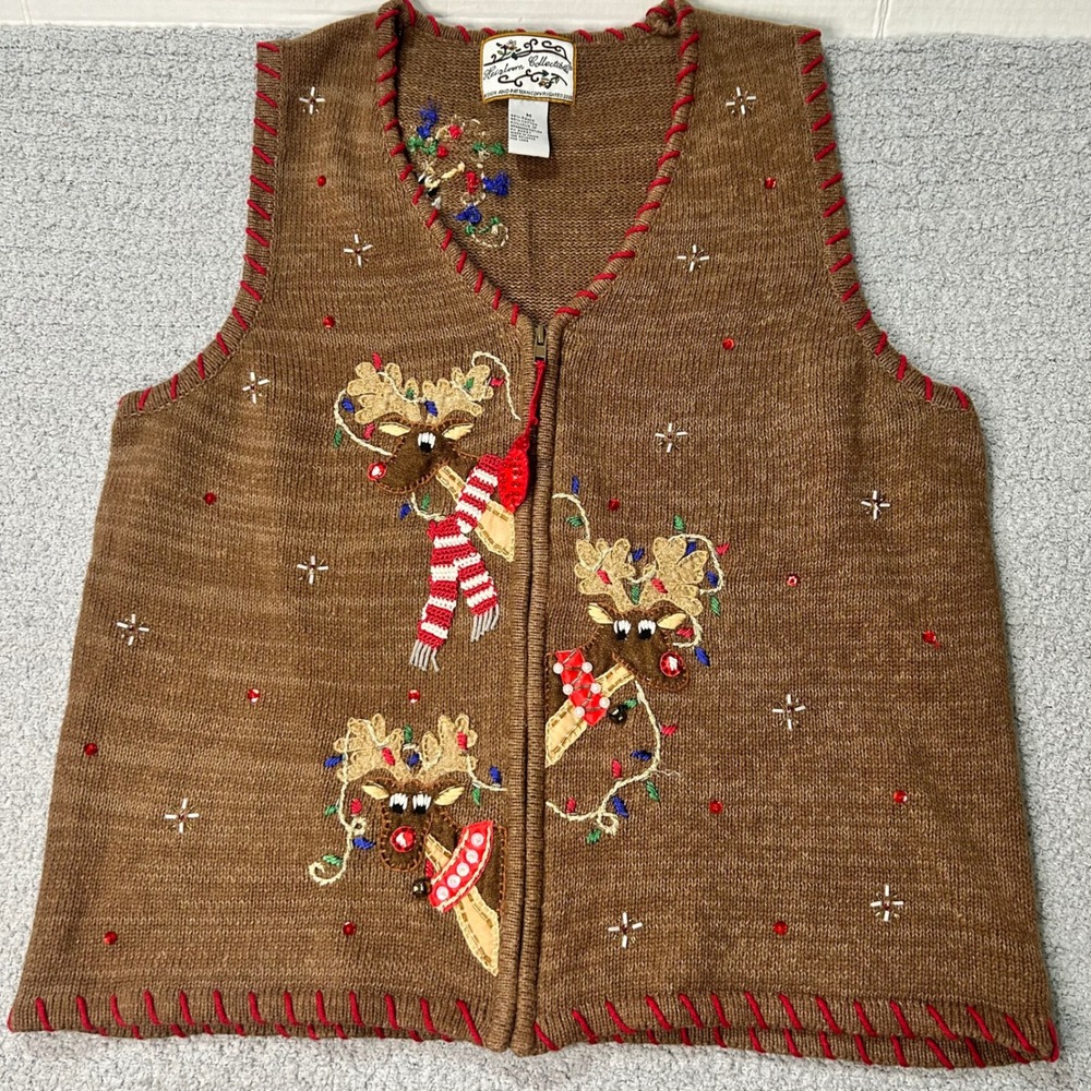 Heirloom Collectibles Sweater Vest Reindeer M Brown Excellent Ugly Christmas